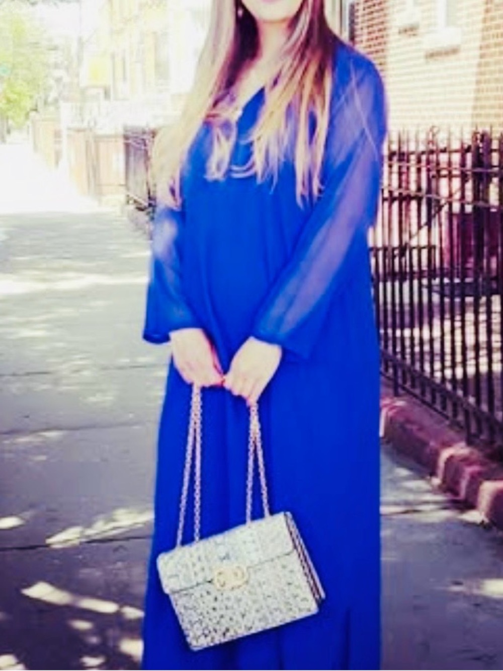 Elegant Blue Maxi Dress with Sheer Sleeves - Women Dresses